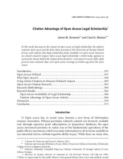 Citation Advantage Of Open Access Legal Scholarship By James M Donovan