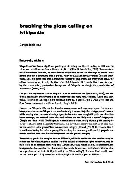 Breaking The Glass Ceiling On Wikipedia By Dariusz Jemielniak