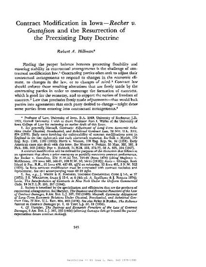 Contract Modification In Iowa Recker V Gustafson And The Resurrection Of The Preexisting Duty Doctrine By Robert A Hillman