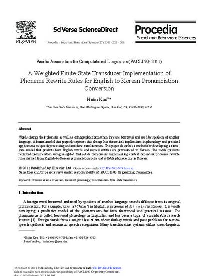 A Weighted Finite State Transducer Implementation Of Phoneme Rewrite Rules For English To Korean Pronunciation Conversion By Hahn Koo