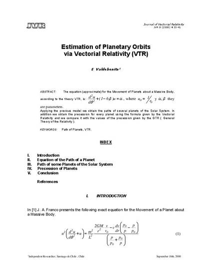 Estimation Of Planetary Orbits Via Vectorial Relativity Vtr By Jorge A Franco