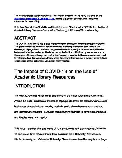 "The Impact Of COVID-19 On The Use Of Academic Library Resources" By ...