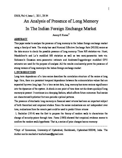 An Analysis Of Presence Of Long Memory In The Indian Foreign - 