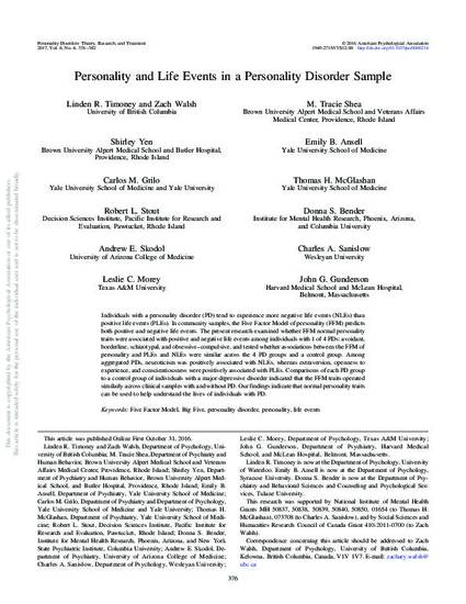 Personality And Life Events In A Personality Disorder Sample By Linden R Timoney