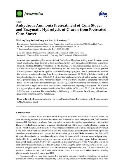 Anhydrous Ammonia Pretreatment Of Corn Stover And Enzymatic Hydrolysis Of Glucan From Pretreated Corn Stover By Minliang Yang