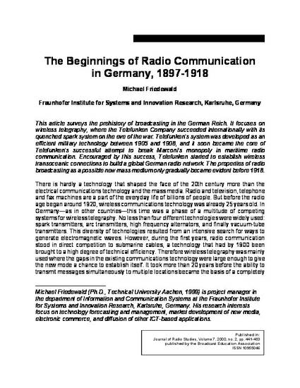 The Beginnings Of Radio Communication In Germany 1897 1918 By